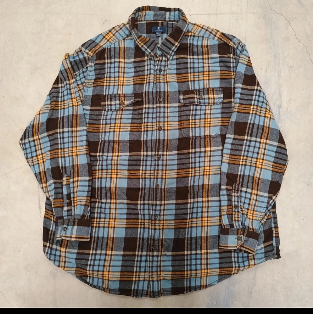 GEORGE Mens 3XL 54 Shirts Flannel Plaid Button Up Brown Long Sleeve Dual Pockets